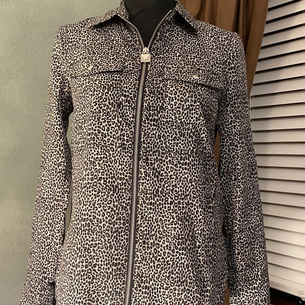 Michael Kors Roll-Tab Front Zip Cheetah Print Top